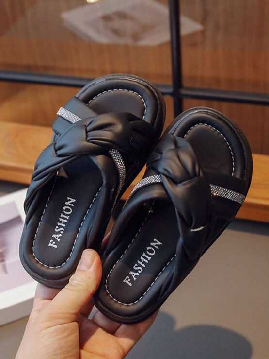 Girls Rhinestone Decor Ruched Detail Criss Cross Fluffy Slippers - Image 3