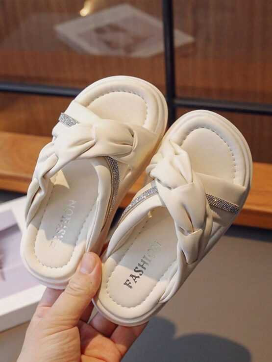 Girls Rhinestone Decor Ruched Detail Criss Cross Fluffy Slippers - Image 4