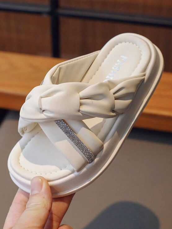 Girls Rhinestone Decor Ruched Detail Criss Cross Fluffy Slippers - Image 5