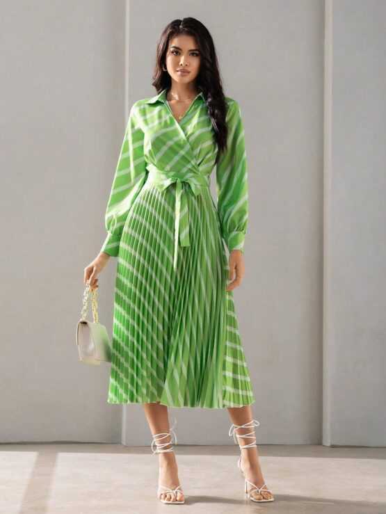 BIZwear Striped Print Wrap Belted Shirt Dress - Image 2