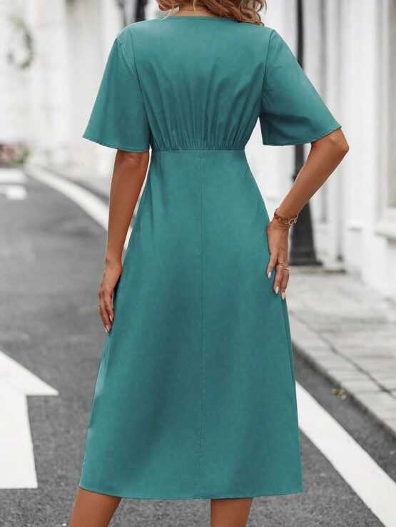 Solid Split Button Front Butterfly Sleeve Dress - Image 3