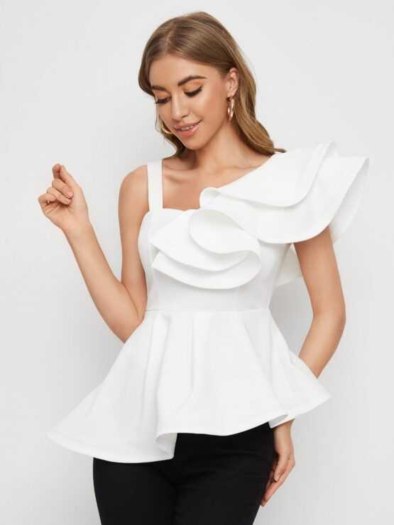 Mulvari Asymmetrical Neck Ruffle Trim Peplum Top