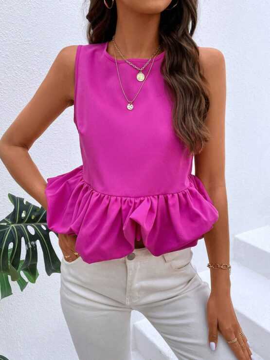Solid Flared Crop Button Ruffle Hem Tank Top