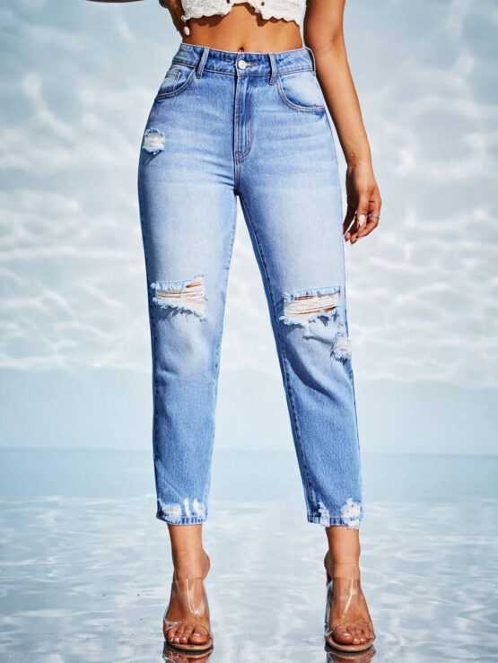 Unity High Waist Ripped Raw Hem Mom Fit Jeans
