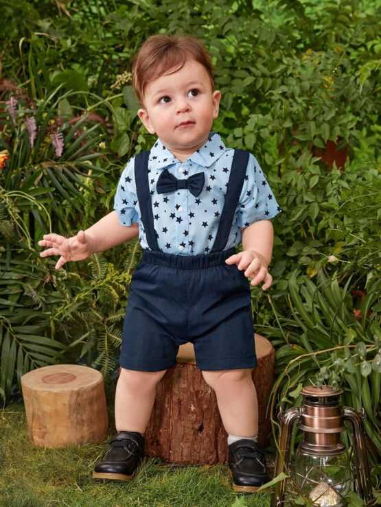 Baby Star Print Bow Front Shirt Bodysuit & Suspender Shorts