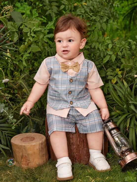Baby Plaid Bow Front 2 In 1 Shirt & Shorts Set