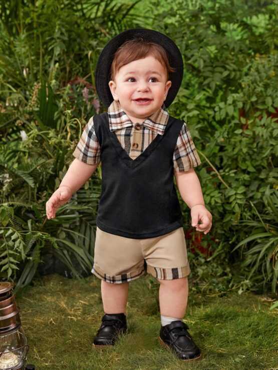 Baby Plaid Button Front Print 2 In 1 Tee & Shorts