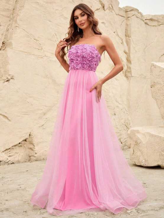 Appliques Maxi Mesh Bridesmaid Tube Dress