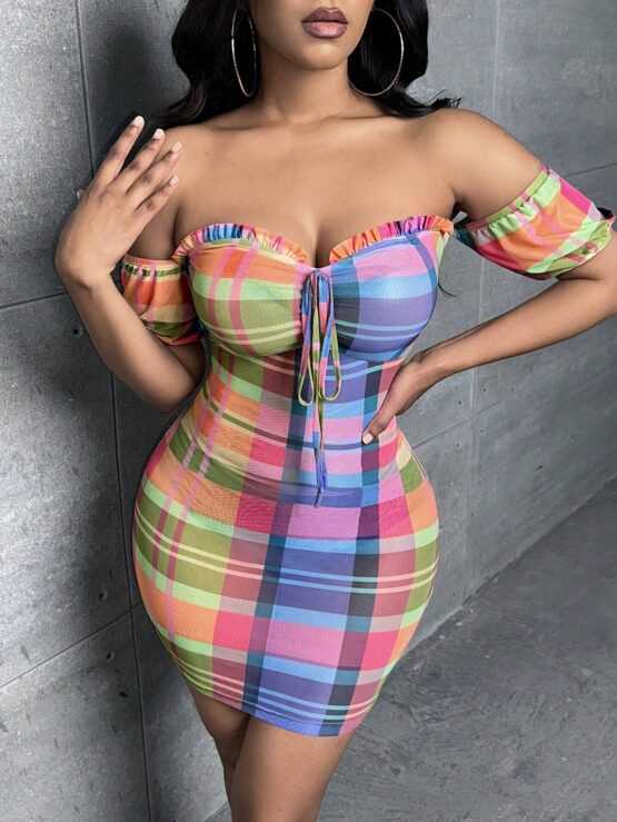 Plaid Print Off Shoulder Frill Trim Knot Front Bodycon Dress