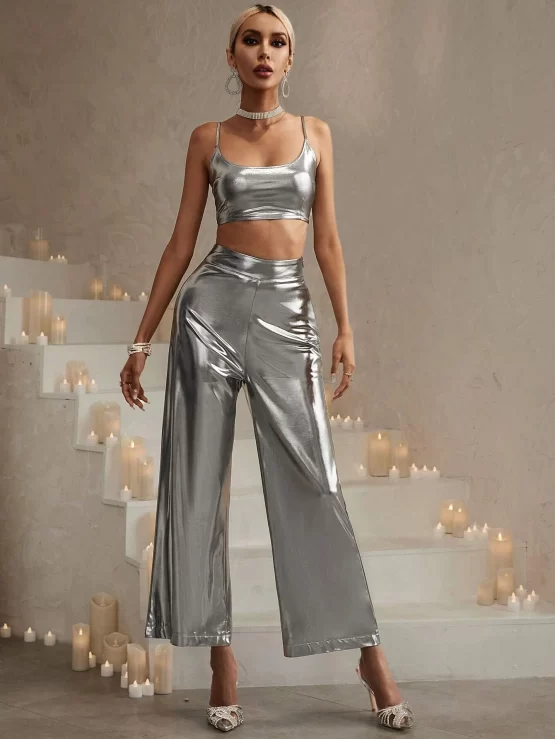 BAE Crop Zipper Cami Top & Wide Leg Pants