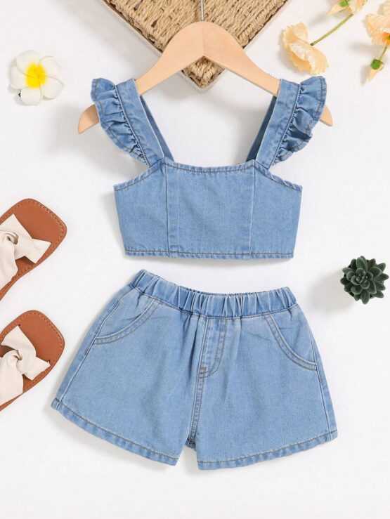 Toddler Girls Ruffle Trim Denim Top & Denim Shorts