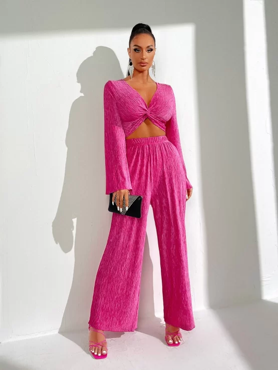 Twist Front Elegant Crop Top & Wide Leg Pants