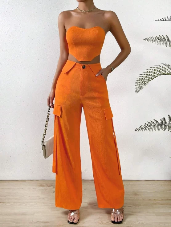 Solid Sexy Tube Top & Flap Pocket Side Cargo Pants