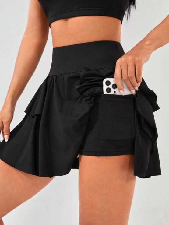 High Waist Ruffle Hem Wrap Skort With Phone Pocket