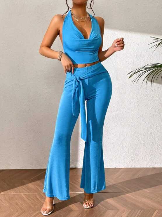 Draped Front Backless Halter Top & Tie Front Flare Leg Pants