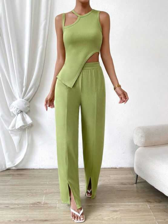 Cut Out Asymmetrical Hem Tank Top & Split Hem Wide Leg Pants