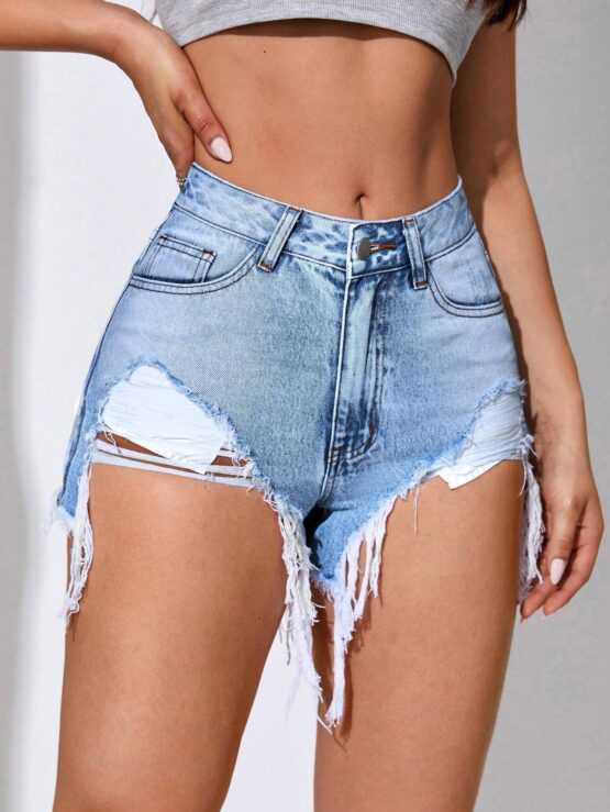 EZwear Ripped Pocket Raw Hem Denim Shorts
