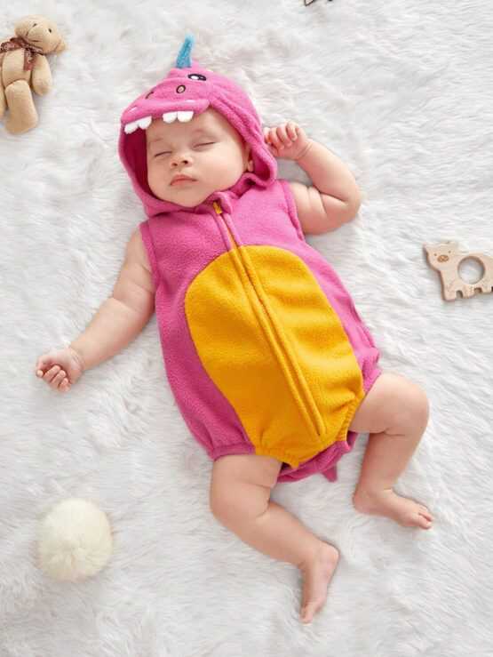 Baby Cartoon Graphic Zip Up Hooded Costume Button Bodysuit