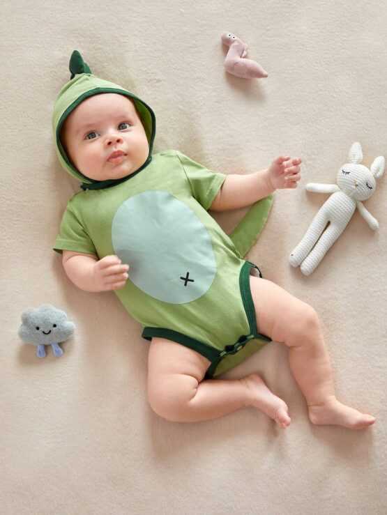 Newborn Baby Cartoon Graphic Contrast Binding Costume Button Bodysuit With Hat