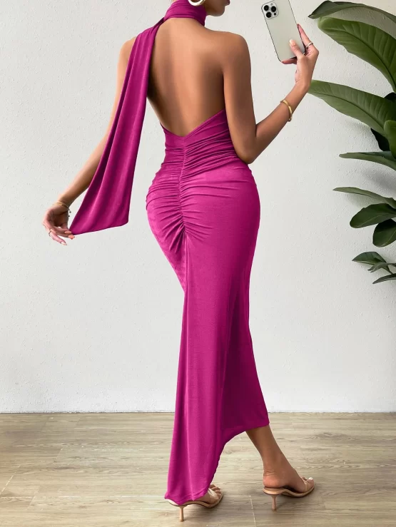 Ruched Sexy Backless Maxi Halter Neck Dress