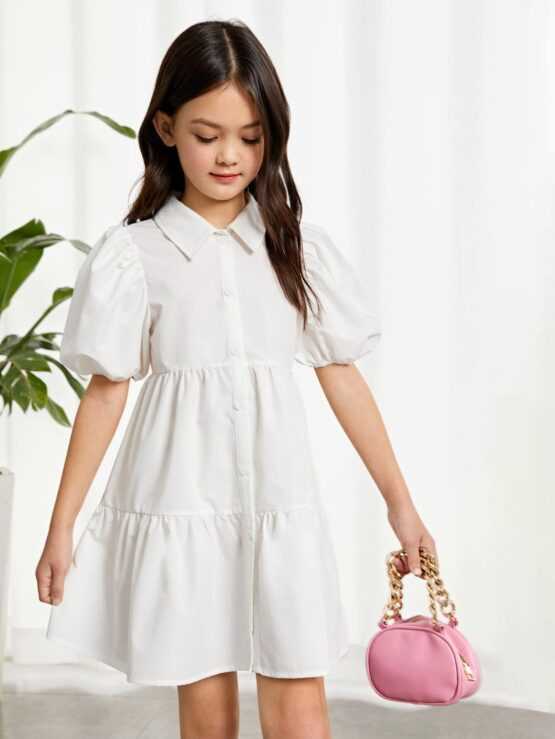 Girls Puff Button Front Ruffle Hem Sleeve Dress