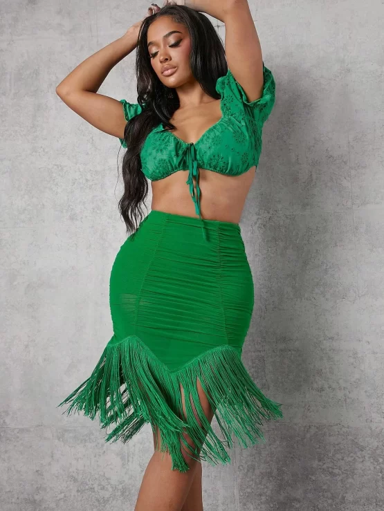 Fringe Ruched Midi Mesh Overlay Hem Skirt