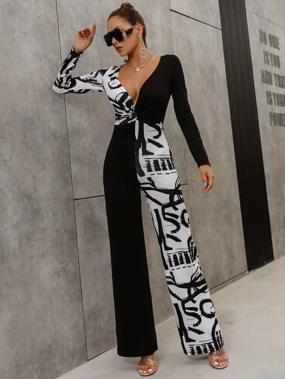 Glamaker Plunging Neck Color Block Front Jumpsuit