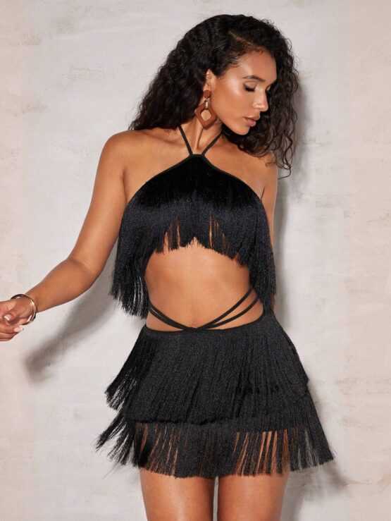 BAE Fringe Trim Tie Backless Crop Halter Top & Skirt