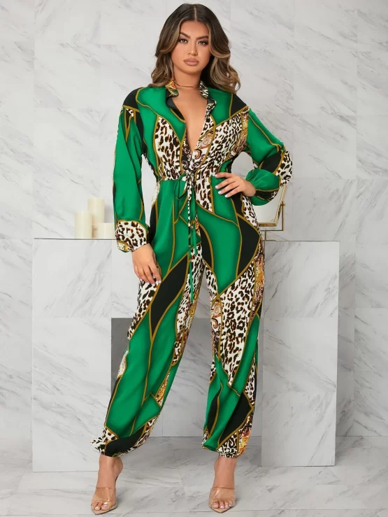 EMERY ROSE Leopard Geometric Print Lantern Sleeve Tank Jumpsuit