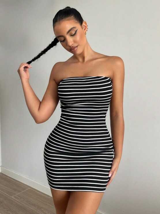 Striped Sexy Pencil Print Tube Bodycon Dress