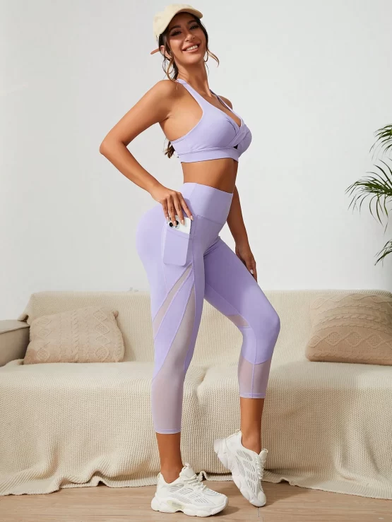 Contrast Mesh Cut Out Sports Set With Phone Pocket