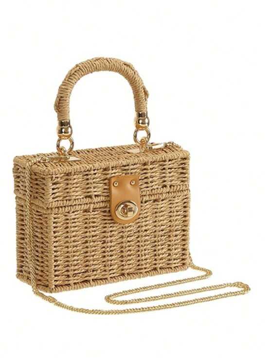 Mini Straw Plain Box Khaki Top Handle Bag