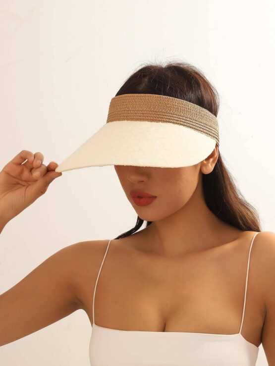 Women Two Tone Visor Boho Straw Hat For Outdoor