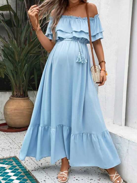 Maternity Off Shoulder Ruffle Trim Belted Sleeve Dress