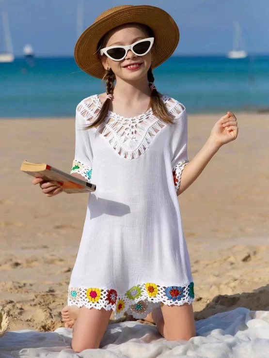 Girls Crochet Floral Panel Hooded Cover Up
