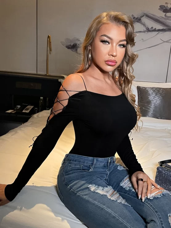 BAE Solid Cut Out Lace Up Off Shoulder Tee