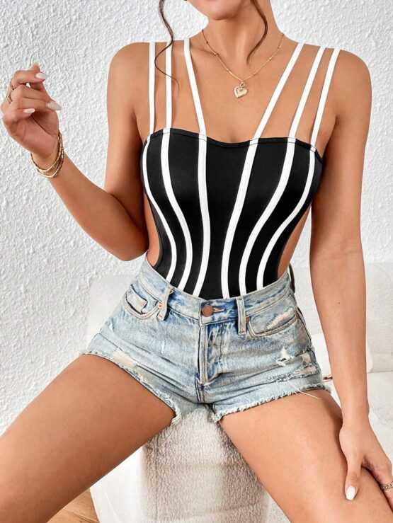 BAE Striped Print Cut Out Side Cami Lace Bodysuit