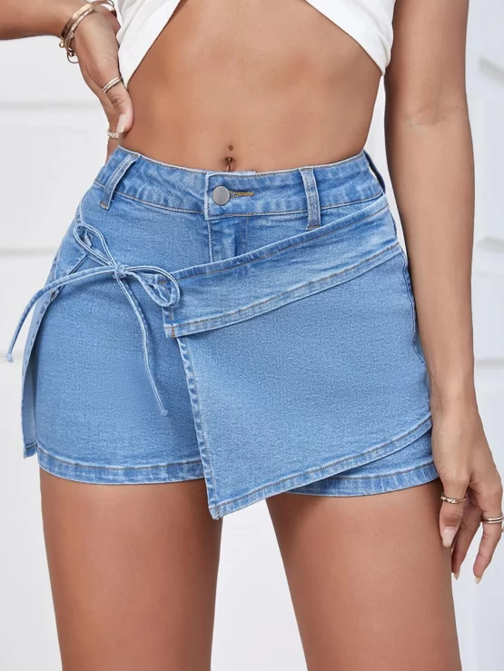 Button Knot Side Pocket Wrap Denim Skort