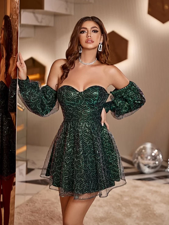 Double Crazy Off Shoulder Lantern Sleeve Sequin Overlay Mesh Dress