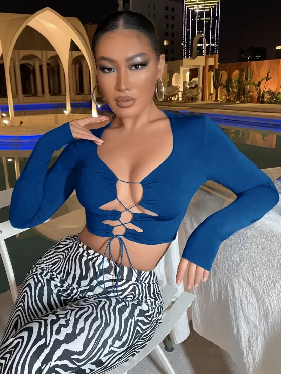 Lace Up Sexy Plain V Neck Front Crop Tee