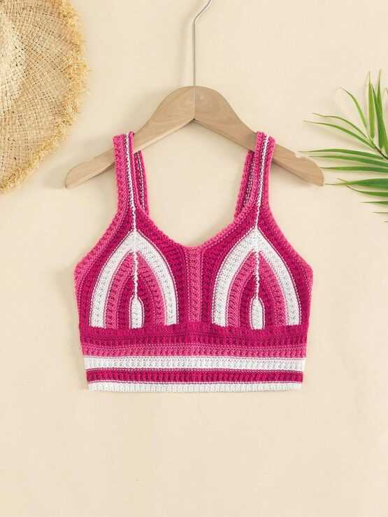 Girls Striped Color Block Crop Pattern Cami Knit Top