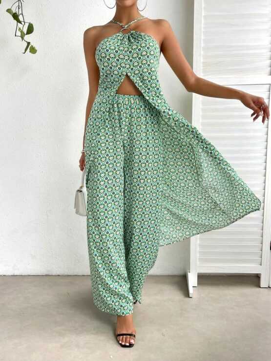 All Over Print Split Hem Halter Top & Wide Leg Pants