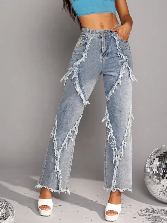 Raw Hem Trim Zipper Straight Leg Jeans