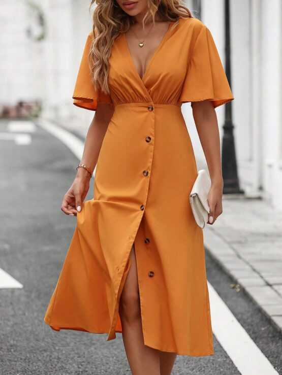 Solid Split Button Front Butterfly Sleeve Dress