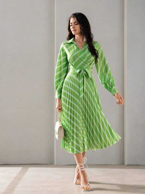 BIZwear Striped Print Wrap Belted Shirt Dress