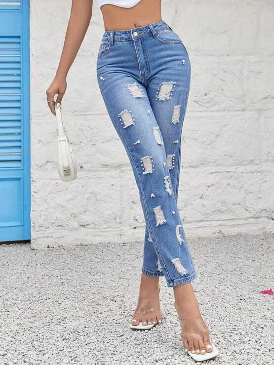 Button Pocket Zipper Ripped Skinny Jeans