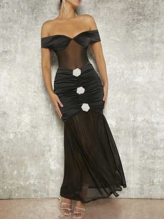 Off Shoulder 3D Appliques Ruched Overlay Mesh Dress