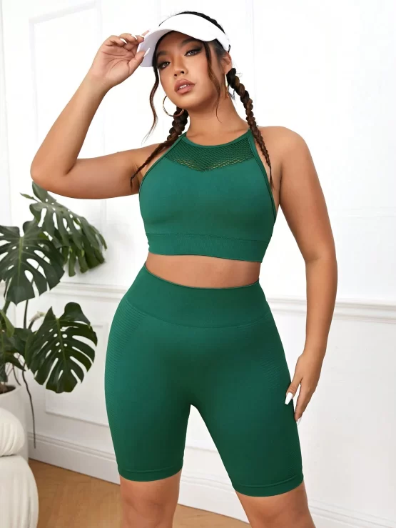 Plus Contrast Mesh Insert Wideband Waist Sports Set
