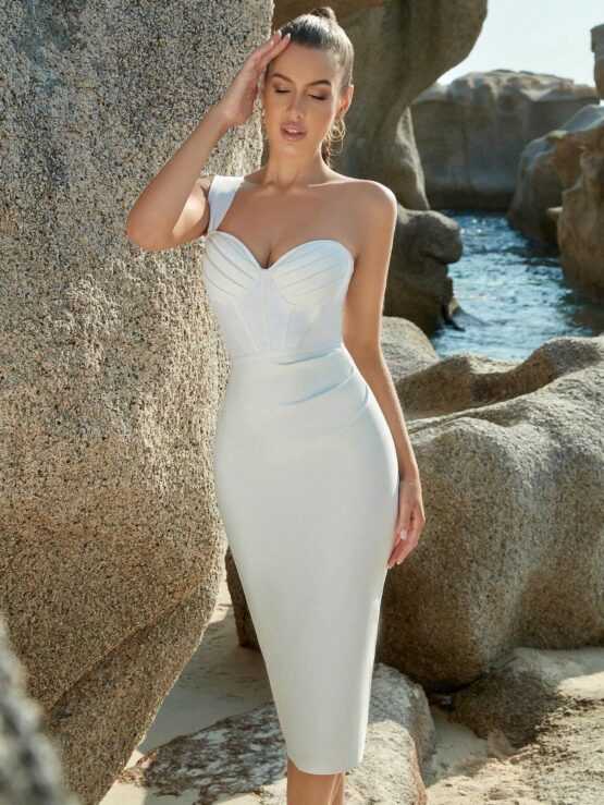 ADYCE Ruched Bustier Bandage One Shoulder Dress