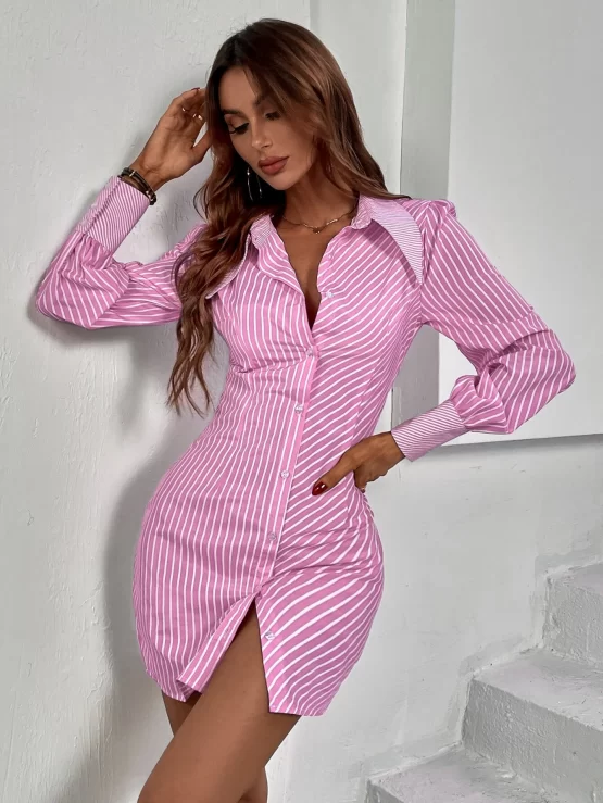 Striped Collar Elegant Button Front Shirt Dress